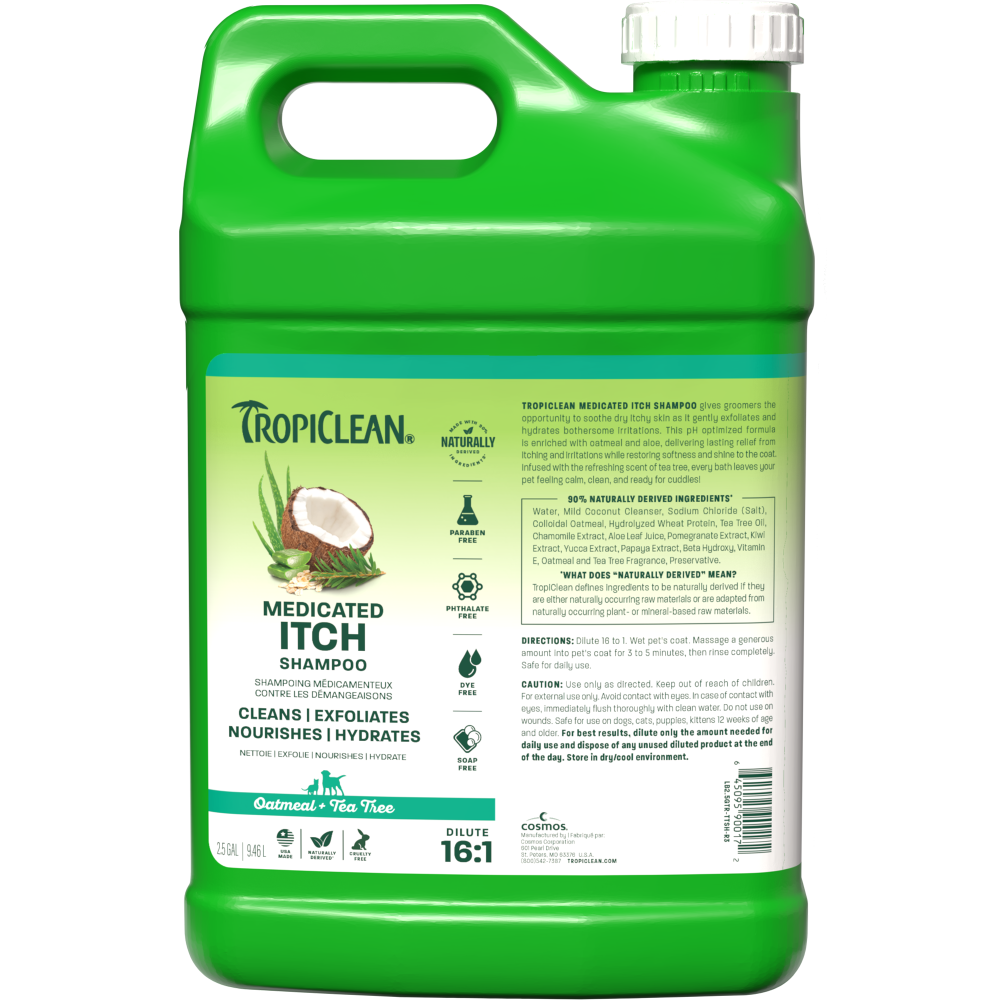 TropiClean medicated itch shampoo 2.5 gallon front.