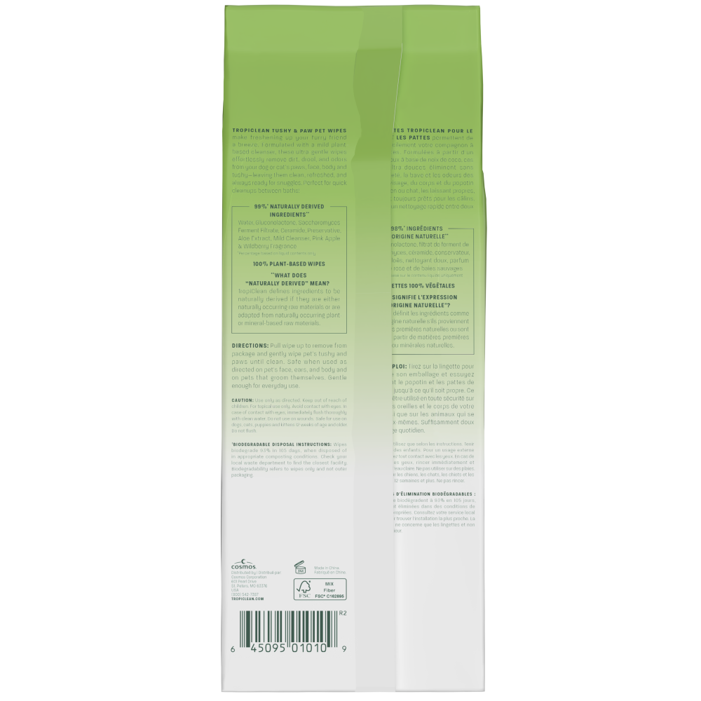 TropiClean Berry + Coconut Tushy & Paw Wipes, 100ct