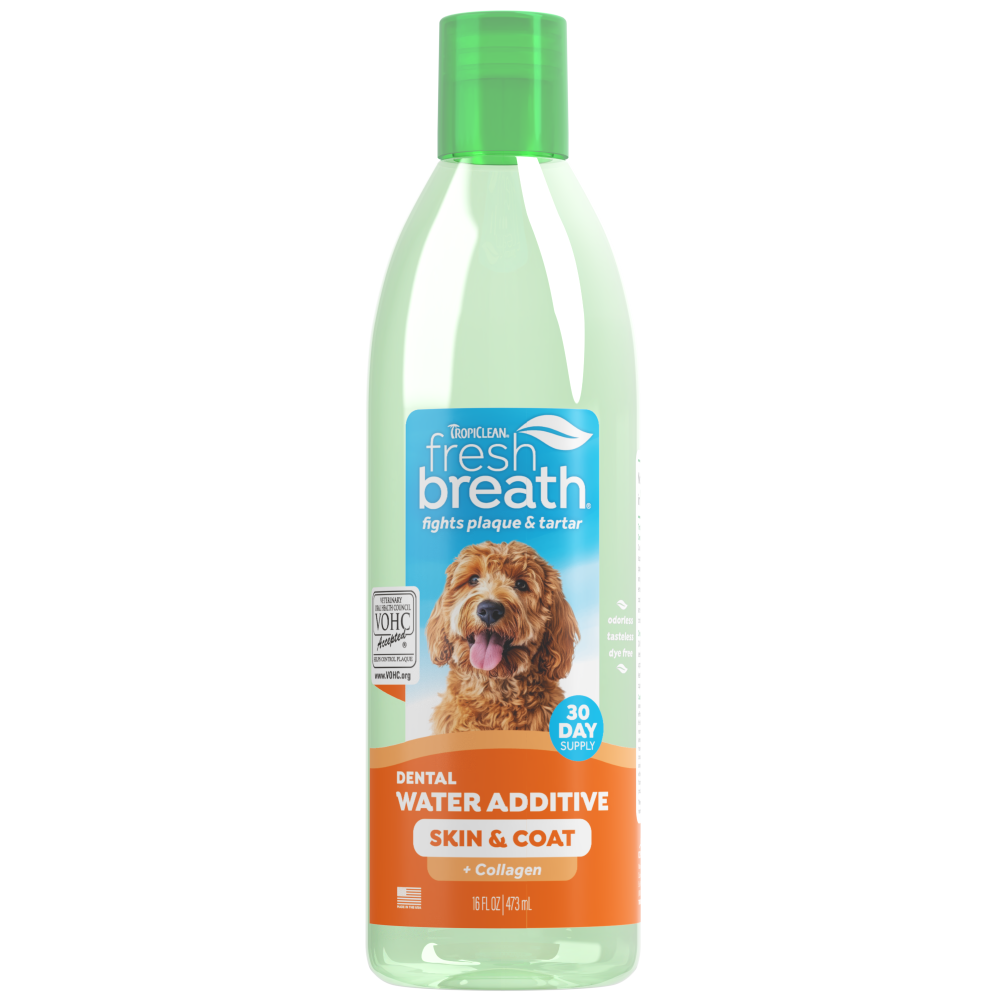 TropiClean Fresh Breath Dental Water Additive Skin & Coat with Collagen for Dogs, 16oz
