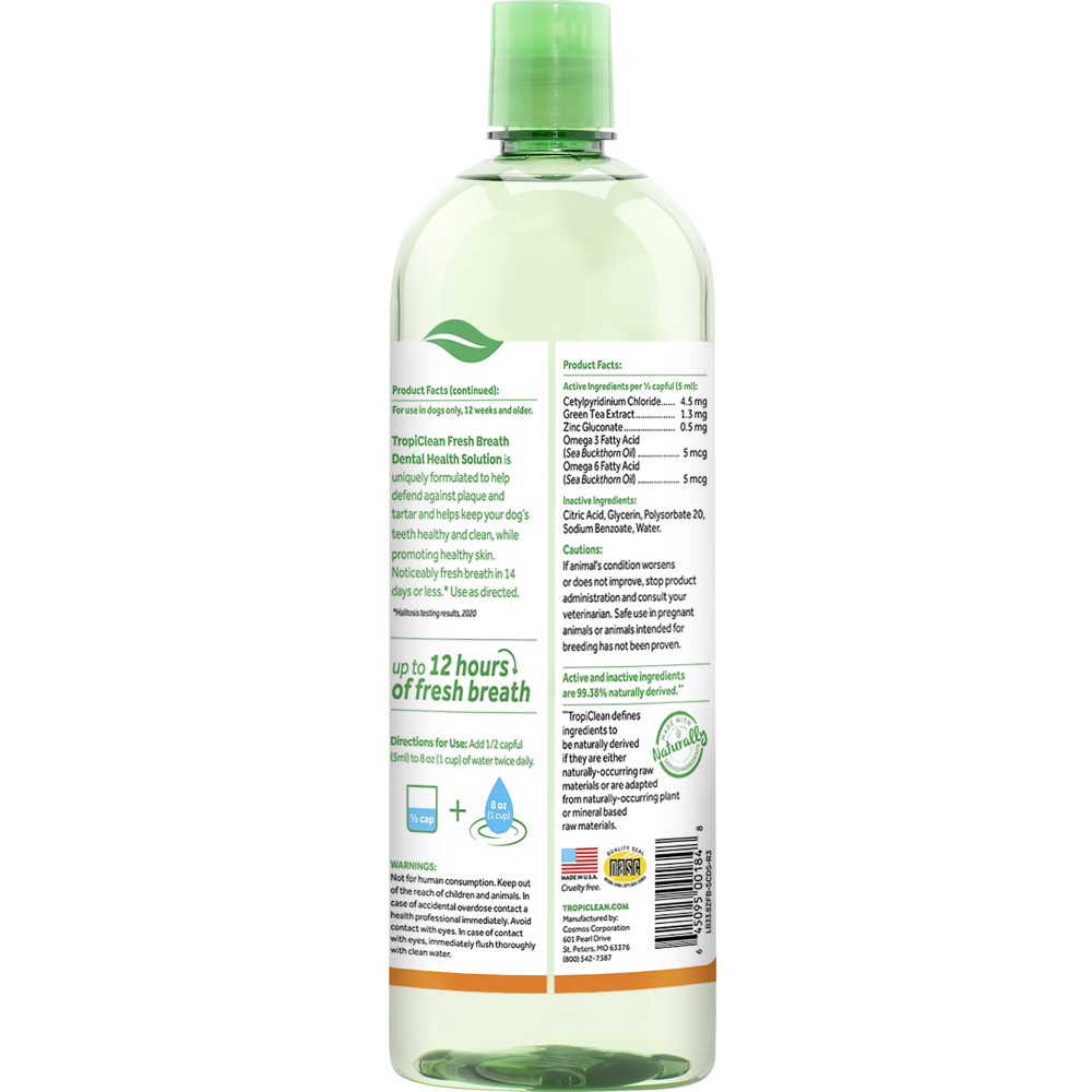 TropiClean Fresh Breath Dental Health Solution Supports Skin Health for Dogs, 33.8oz