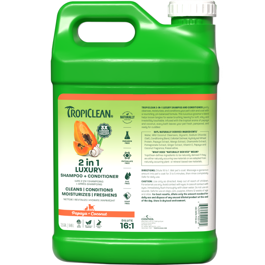 TropiClean papaya shampoo 2.5 gallon front.
