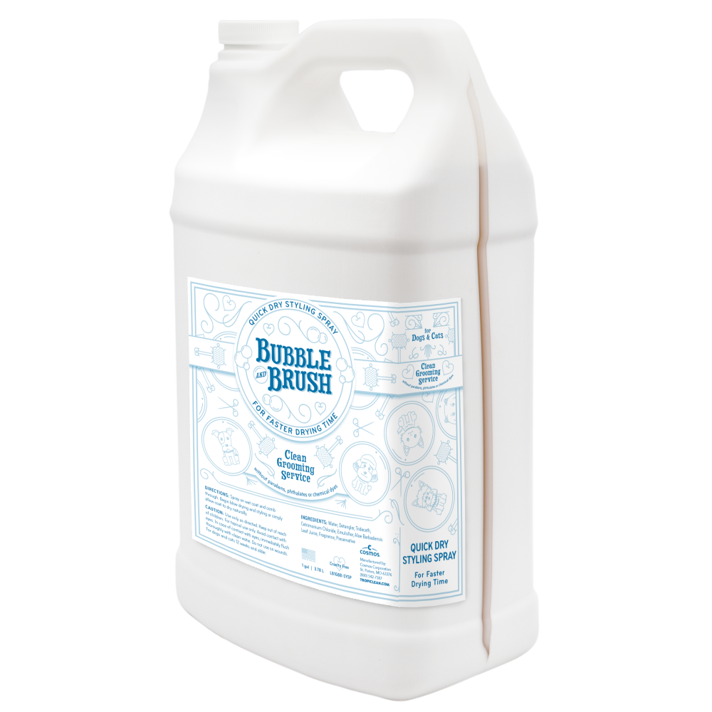 Galon container of Bubble Brush Quick Dry Styling Spray by TropiClean on a white background