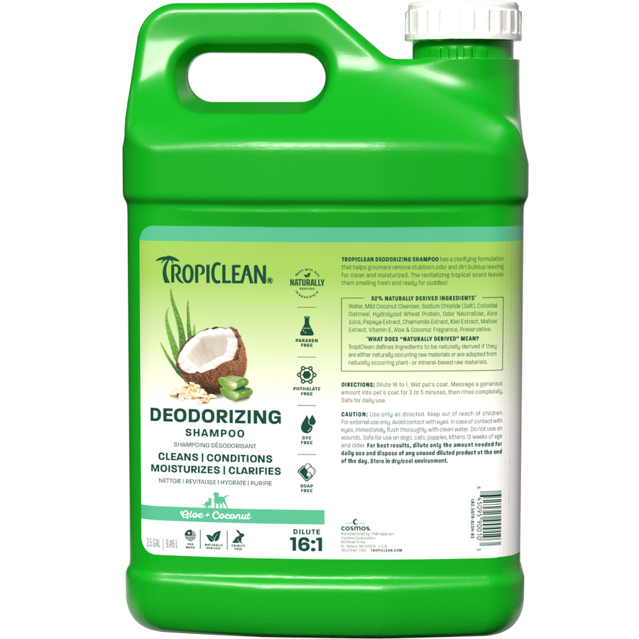 TropiClean deodorizing shampoo 2.5 gallon front.