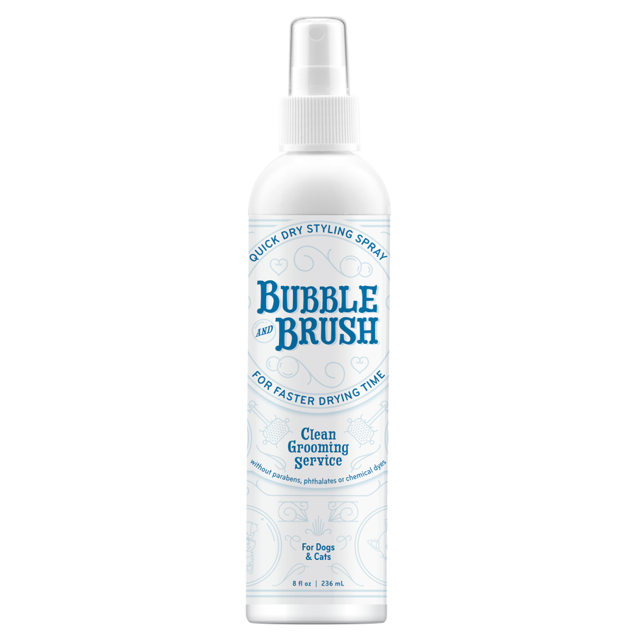 Bottle of Bubble and Brush quick dry styling spray on a white background