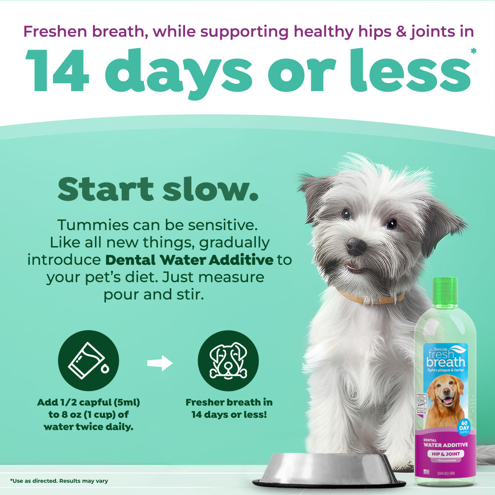 TropiClean Fresh Breath Dental Water Additive Plus Hip & Joint for Dogs, 33.8oz